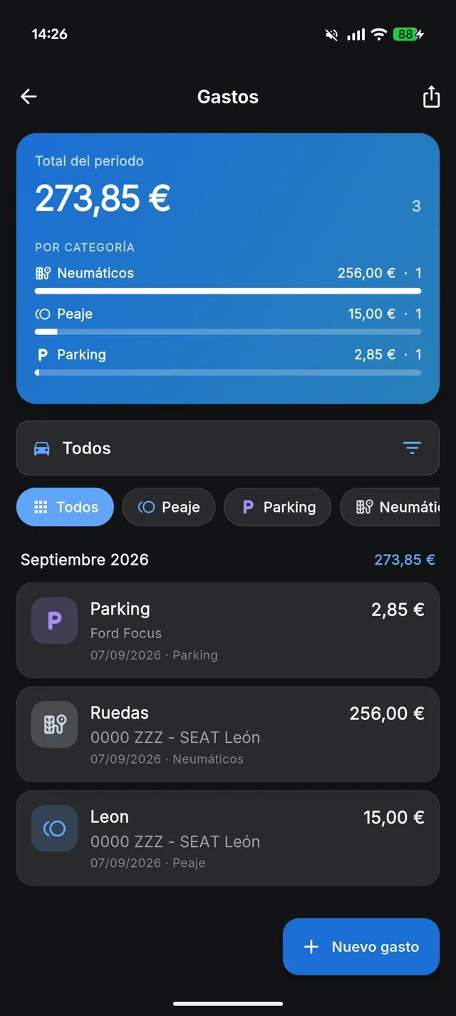 Pantalla de gastos del coche con el total del periodo por categoría