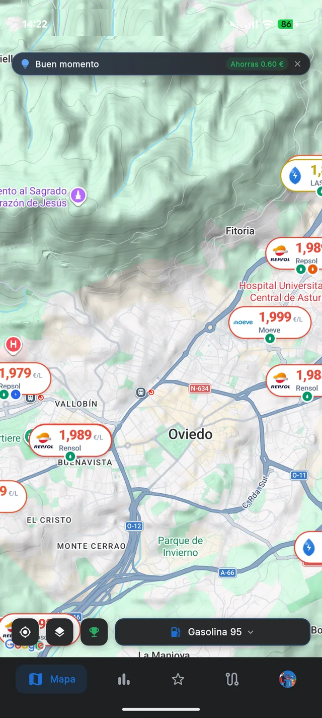 Pantalla del mapa de LitroVolt con las gasolineras por colores