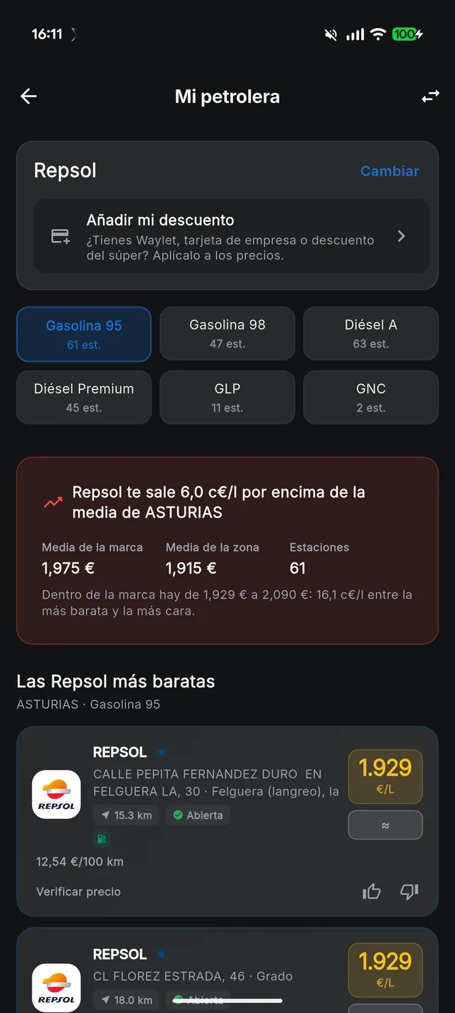 Pantalla de Mi petrolera con el descuento aplicado y las gasolineras de la marca ordenadas