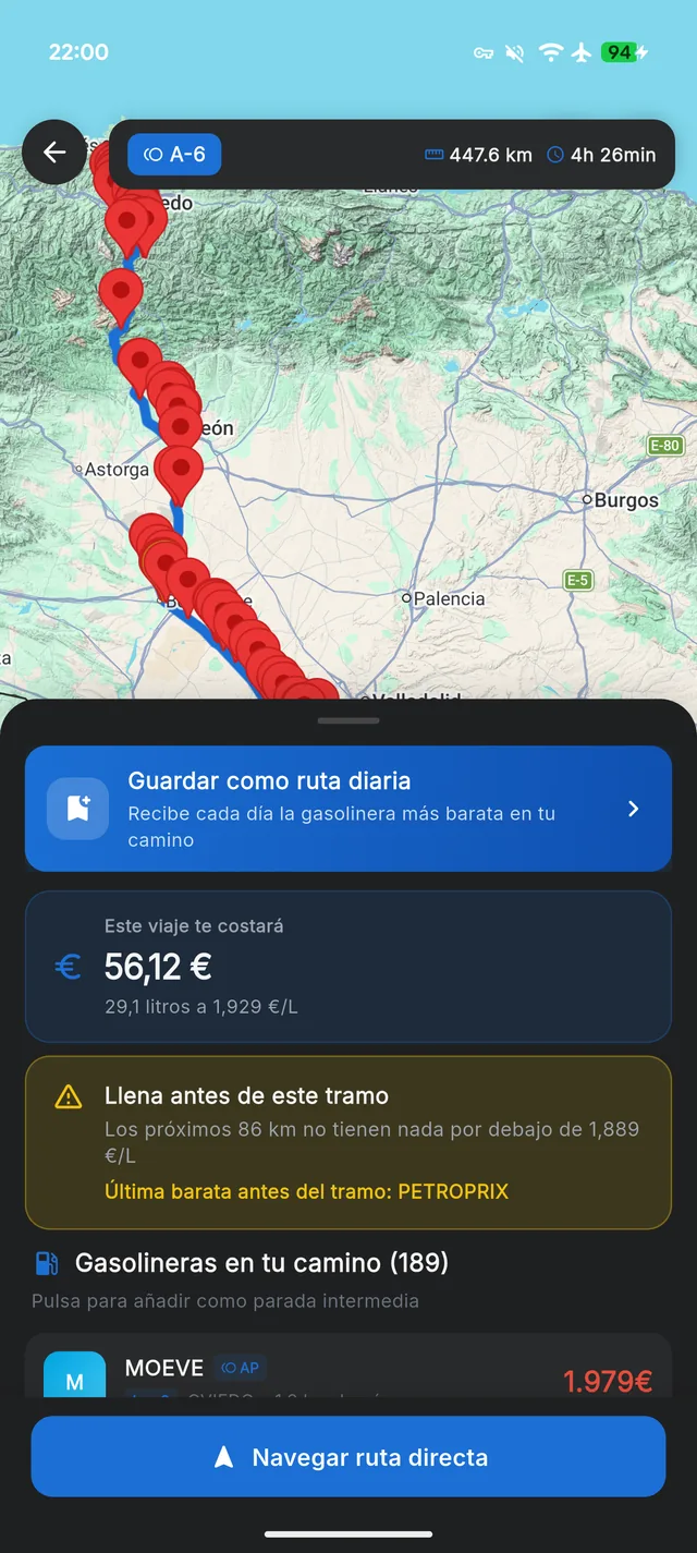 Ruta con las paradas para repostar elegidas por precio